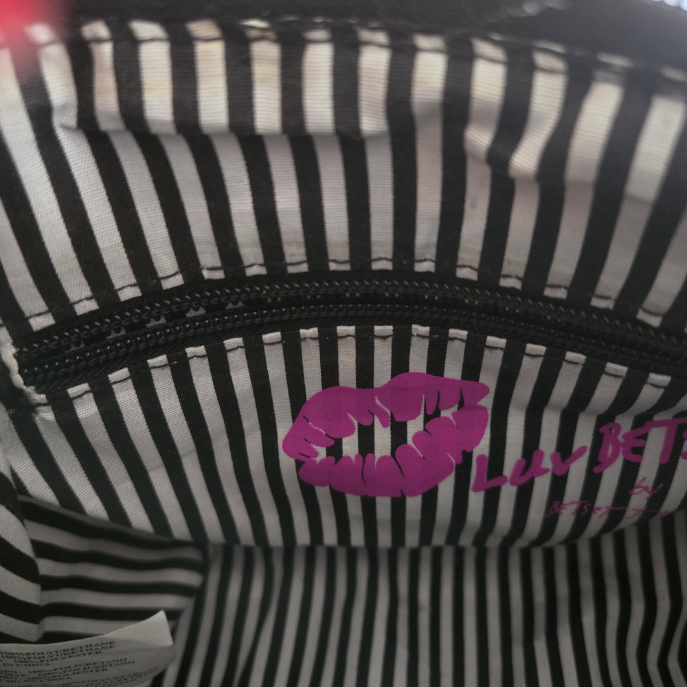 Betsey Johnson Pink & White Striped Cat Print Satchel with Black Trim - Picture 3 of 3